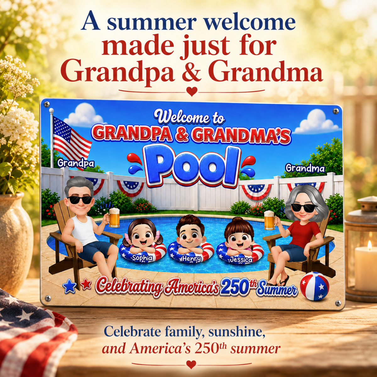 Welcome To Grandma Grandpa Pool America 250th Anniversary - Personalized Metal Sign - Gift For Grandparents, Summer Decoration