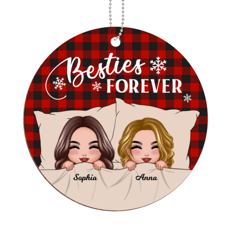 Checkered Pattern Doll Besties Snuggle In Blanket Christmas Personalized Wooden Ornament
