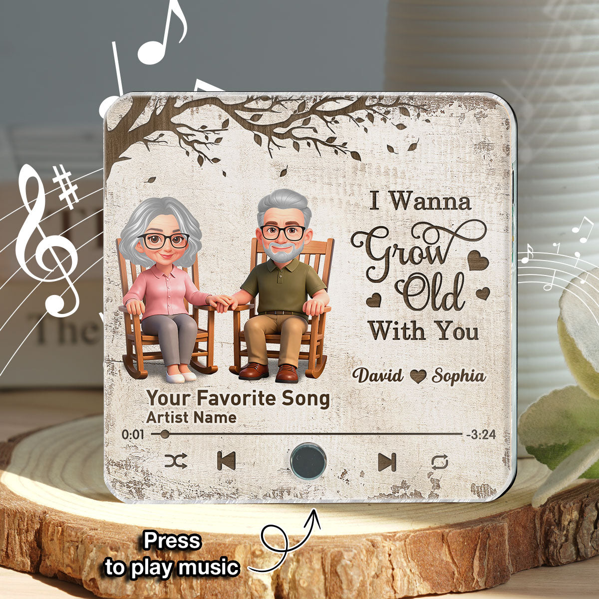 Old Couple On Rocking Chair Under Tree - Personalized Music Fridge Magnet - Anniversary Gift For Him, For Her