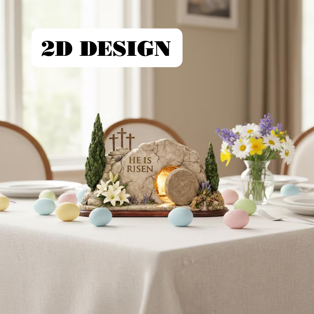 He Is Risen Empty Tomb flat 2D Wooden Block, Resurrection Scene, Religious Easter Gift