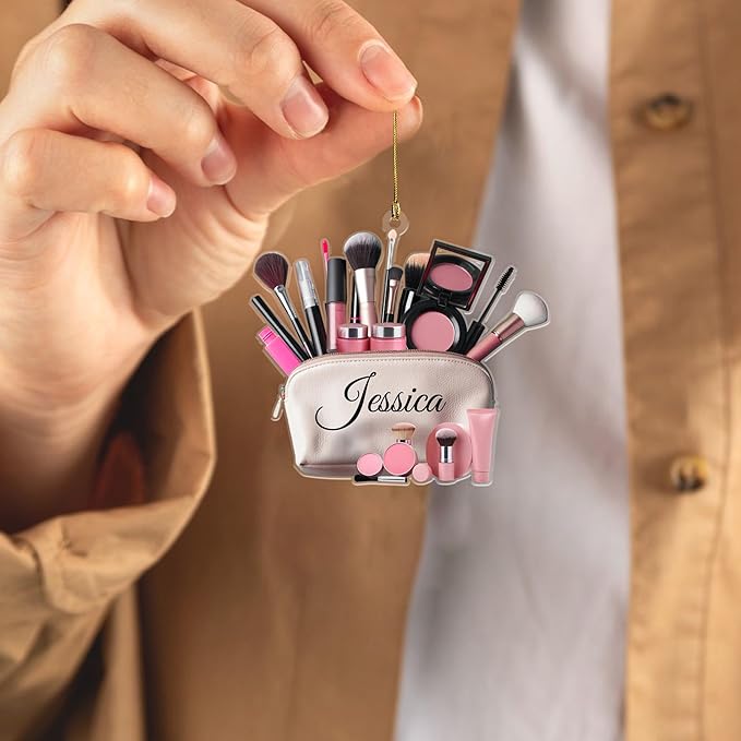 Personalized 2D Flat Style Custom Name Makeup Ornament, 2024 Christmas Keepsake for Teen Girls, MUA Xmas Gift, Custom Beauty Set for Makeup Artists