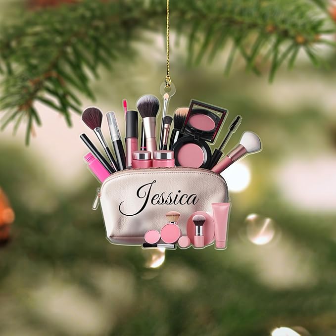 Personalized 2D Flat Style Custom Name Makeup Ornament, 2024 Christmas Keepsake for Teen Girls, MUA Xmas Gift, Custom Beauty Set for Makeup Artists