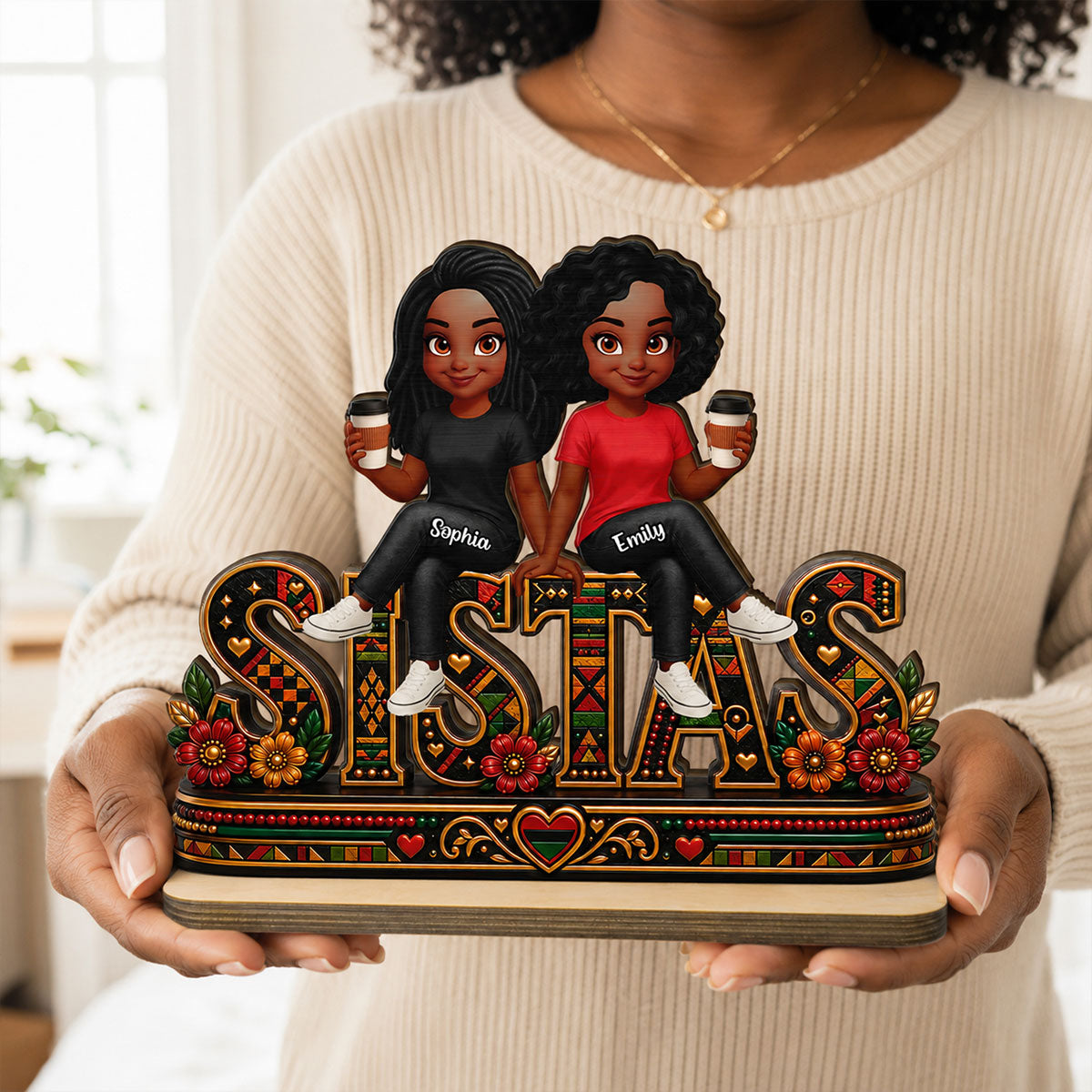 Tribal Patterned Besties Sisters Sistas Forever - Personalized 2-Layered Wooden Plaque - Birthday Gift, International Day of Friendship Gift For Best Friends