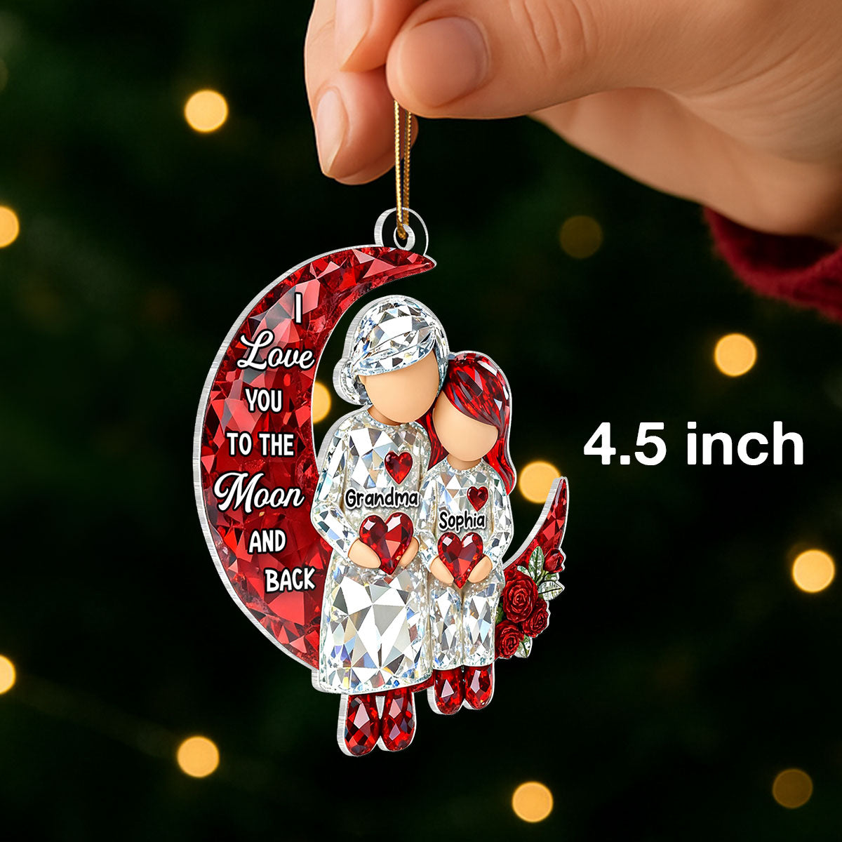 3D Crystal Effect Grandma Grandpa Grandkid Sitting on Moon  - Personalized Acrylic Ornament - Christmas Gift for Grandma, Grandkids