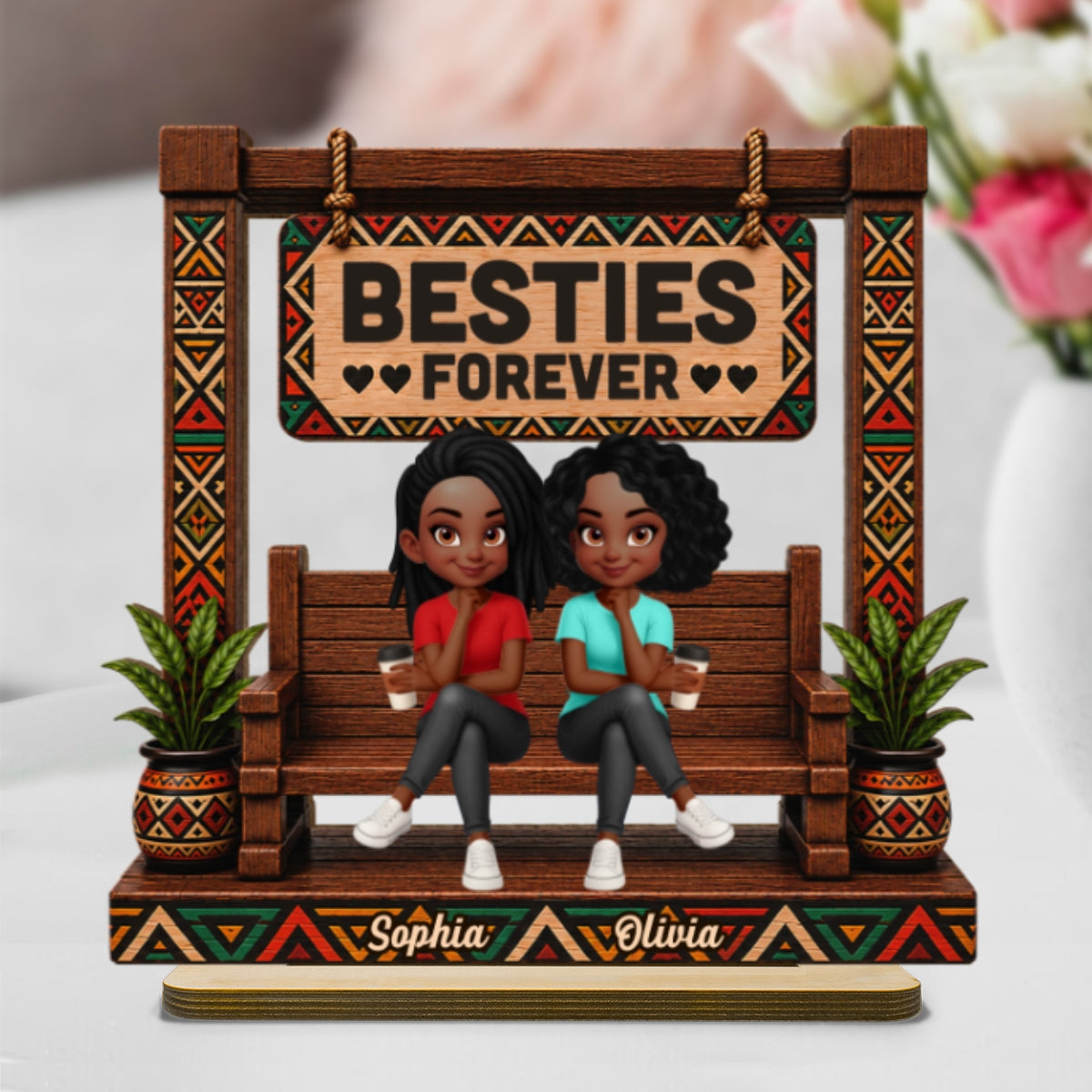 Tribal Patterns Besties Forever - Personalized 2-Layered Wooden Plaque - Birthday Gift, Gift For Best Friends