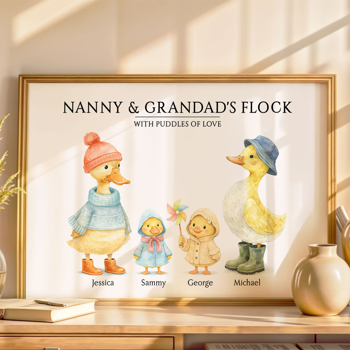 Nanny & Granddad's Flock with Puddles of Love - Personalised Poster - Gift for Grandparents