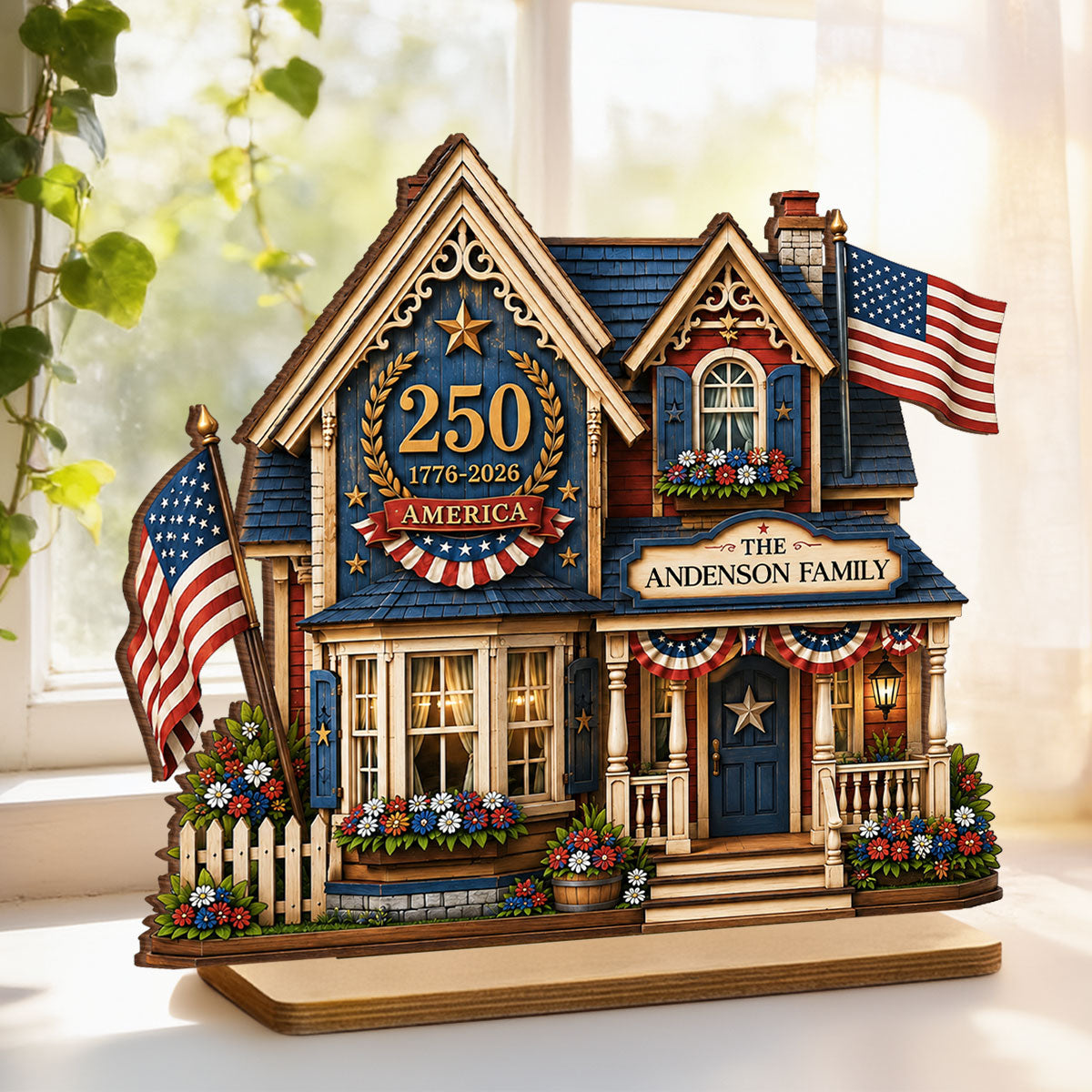 Custom House USA 250th Anniversary - Personalized 2-Layered Wooden Plaque - Patriotic Shelf Decor for Independence Day