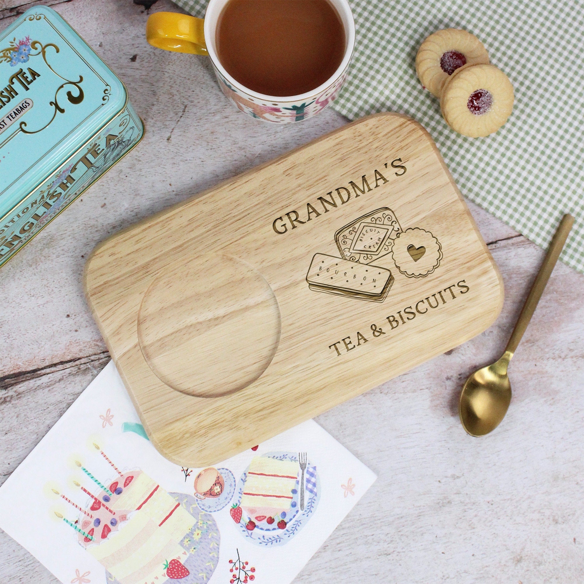Custom Tea & Biscuit Board, Engraved Wood Treat Tray, Gift for Nanna, Grandma, Granny