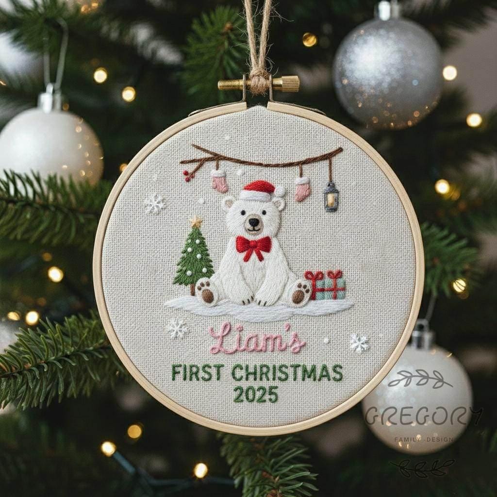 Personalized Embroidered Bear Baby's First Christmas Ornament, Custom Unique Gift for New Baby, Christmas 2025 Gift, Holiday Decor