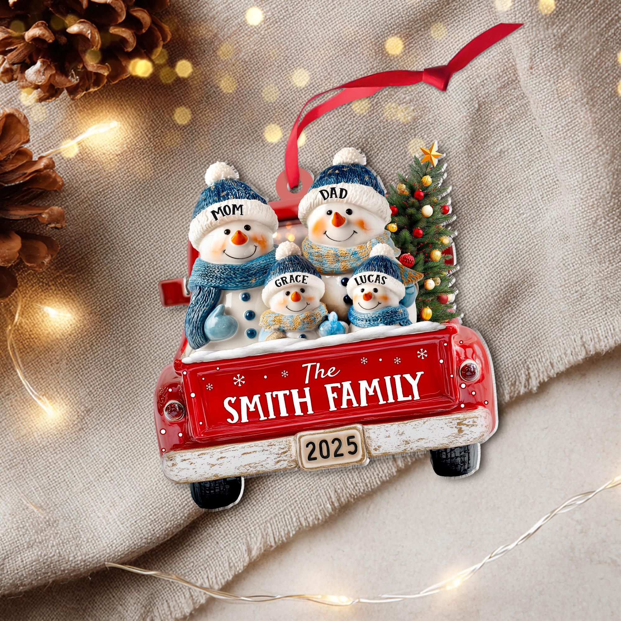 Personalized Snowman Family Ornament, Custom Family Of 3 4 5 6 Christmas Ornament, Red Truck Christmas Ornament, Christmas Tree Decor