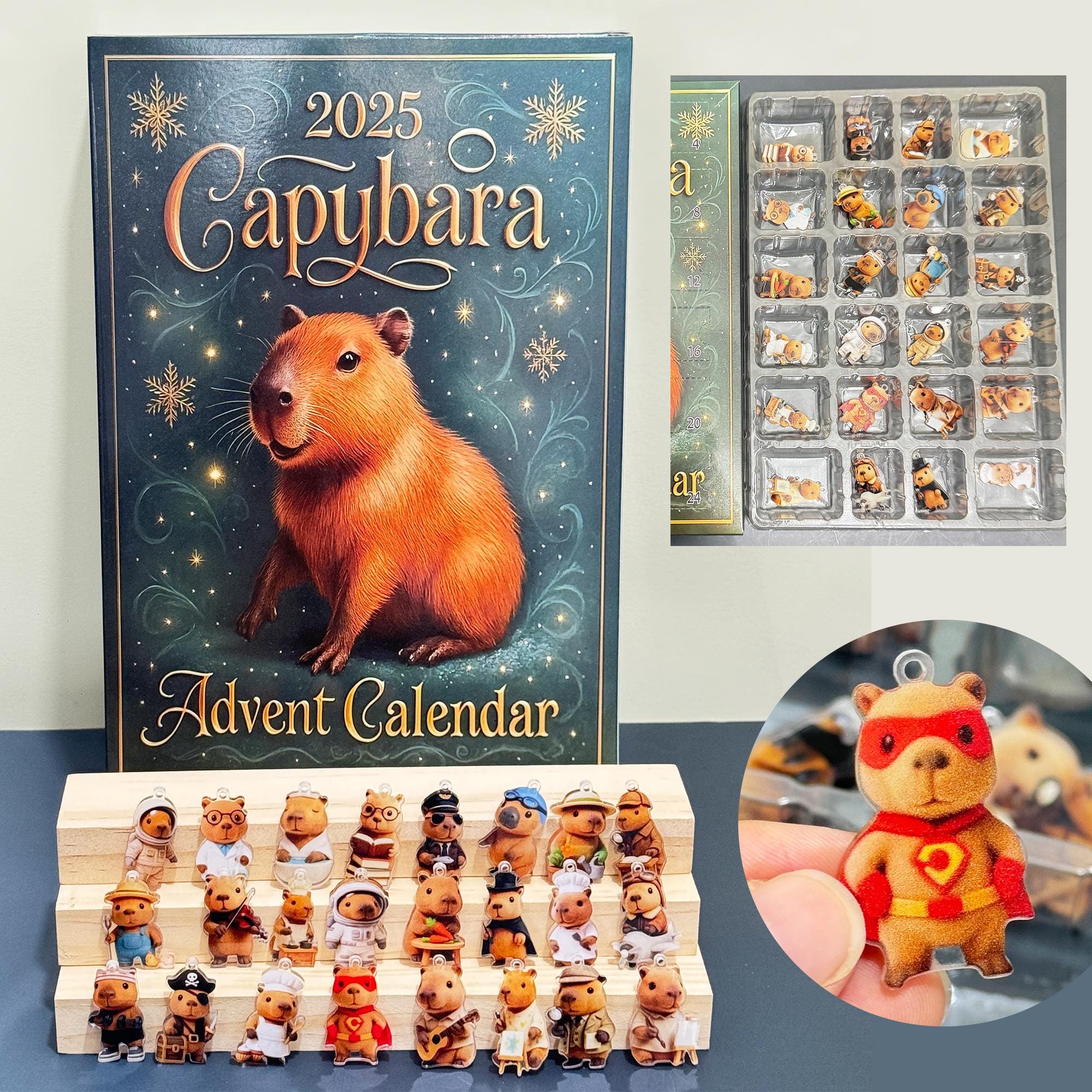 2025 Emotional Support Advent Calendar: 24Pcs Funny Acrylic Ornaments,Vegetable,Fruits,Capibara,The Dragon & Forest,Christmas Countdown Gift