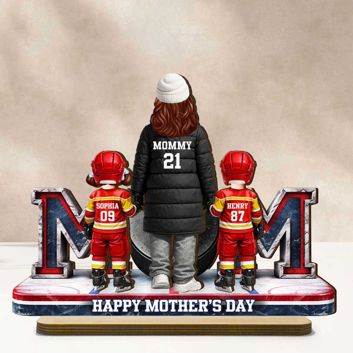 Hockey Mom And Kids Together - Personalized 2-Layered Wooden Plaque - Mother's Day Gift For Hockey Mom, Gift For Wife