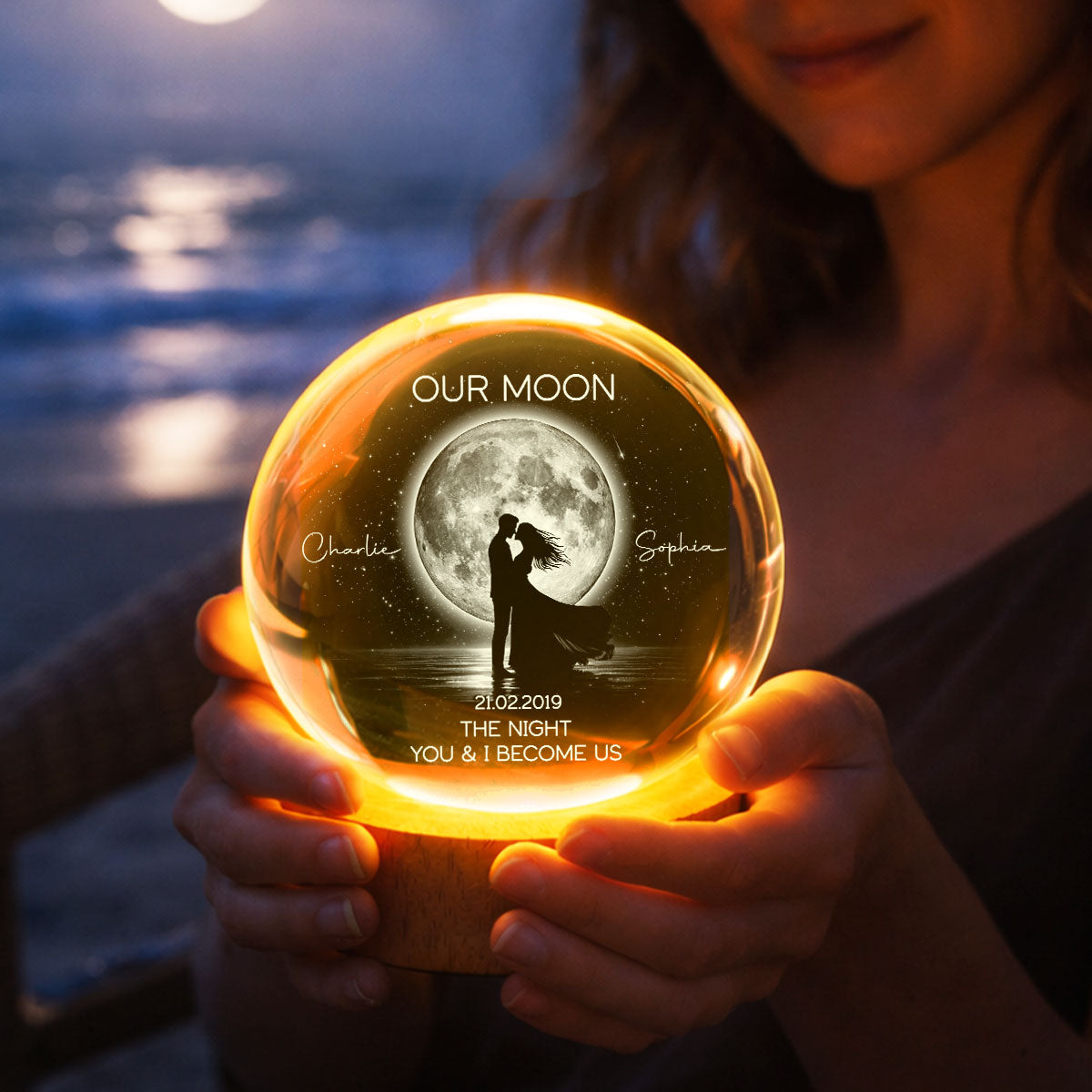 Couple Kissing Under the Moonlight, Custom Moon Phase by Date - Personalized Crystal Ball LED Night Light - Sentimental Gift for Her, for Him