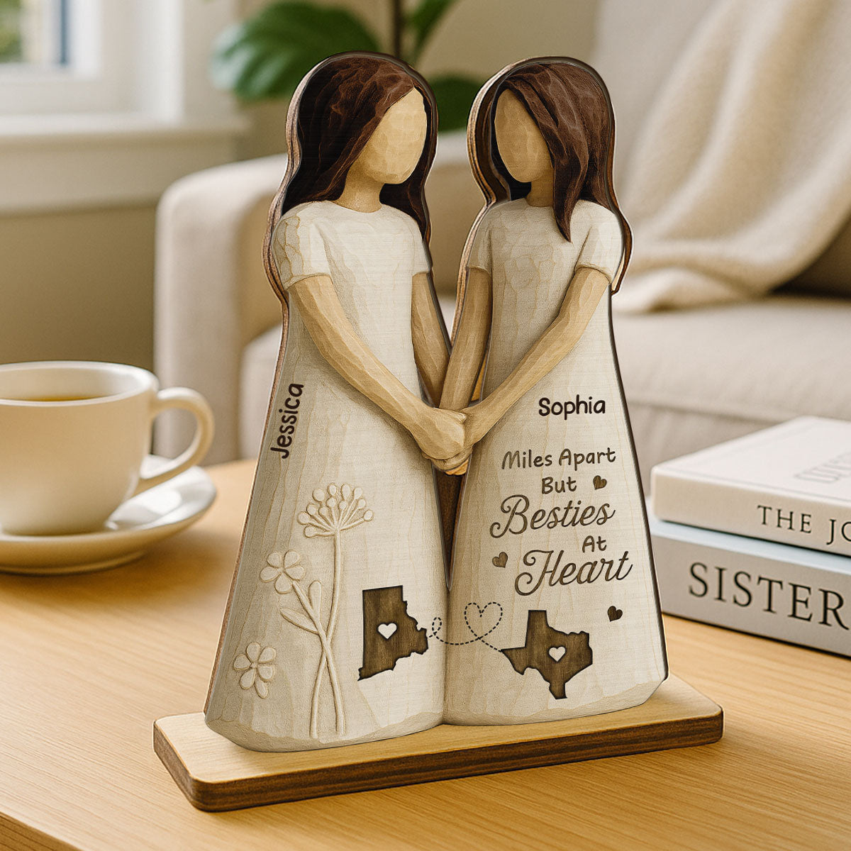 Miles Apart Besties At Heart 3D Effect Personalized Standing Wooden Plaque, Birthday Gift, Long Distance Friendship Gift for Best Friends