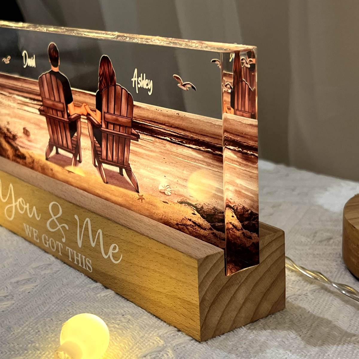 Couple Sitting At Beach Retro - Personalized Acrylic Block Plaque LED Night Light - Anniversary Gift For Couple, For Dad Mom