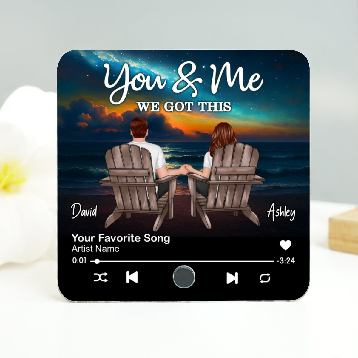 Night Beach Landscape Couple Sitting Back View Personalized Music Magnet