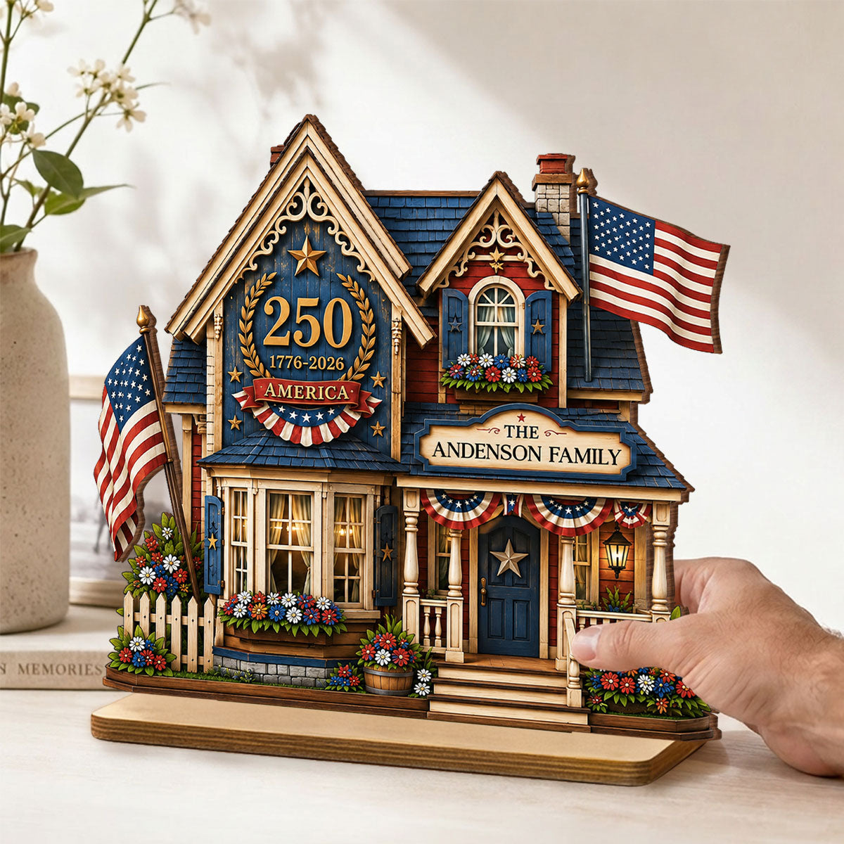 Custom House USA 250th Anniversary - Personalized 2-Layered Wooden Plaque - Patriotic Shelf Decor for Independence Day