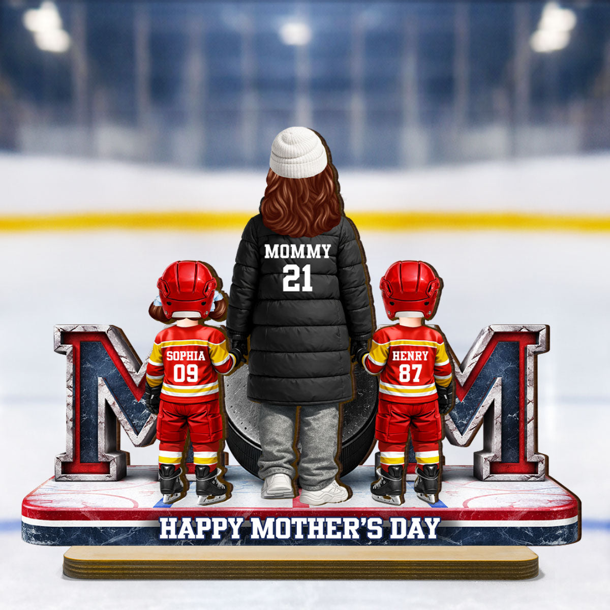 Hockey Mom And Kids Together - Personalized 2-Layered Wooden Plaque - Mother's Day Gift For Hockey Mom, Gift For Wife