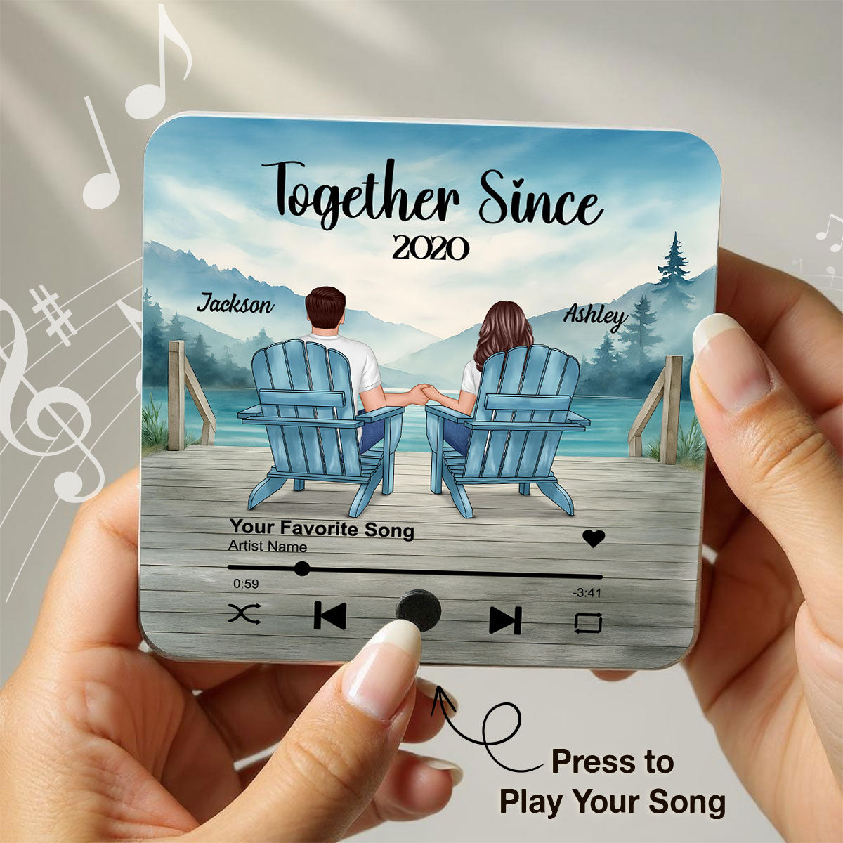 Lakeside Mountain Landscape Couple Back View Personalized Music Fridge Magnet, Anniversary Gift for Him for Her