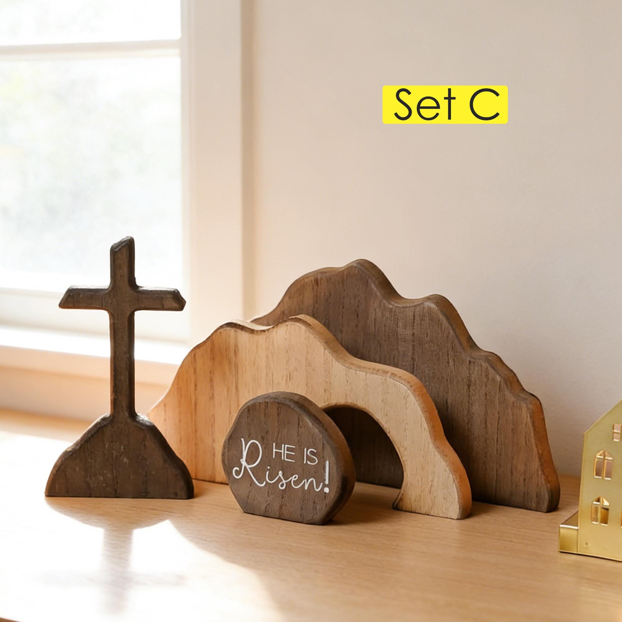 Easter Wooden Decoration Set – Empty Tomb & Cross Scene