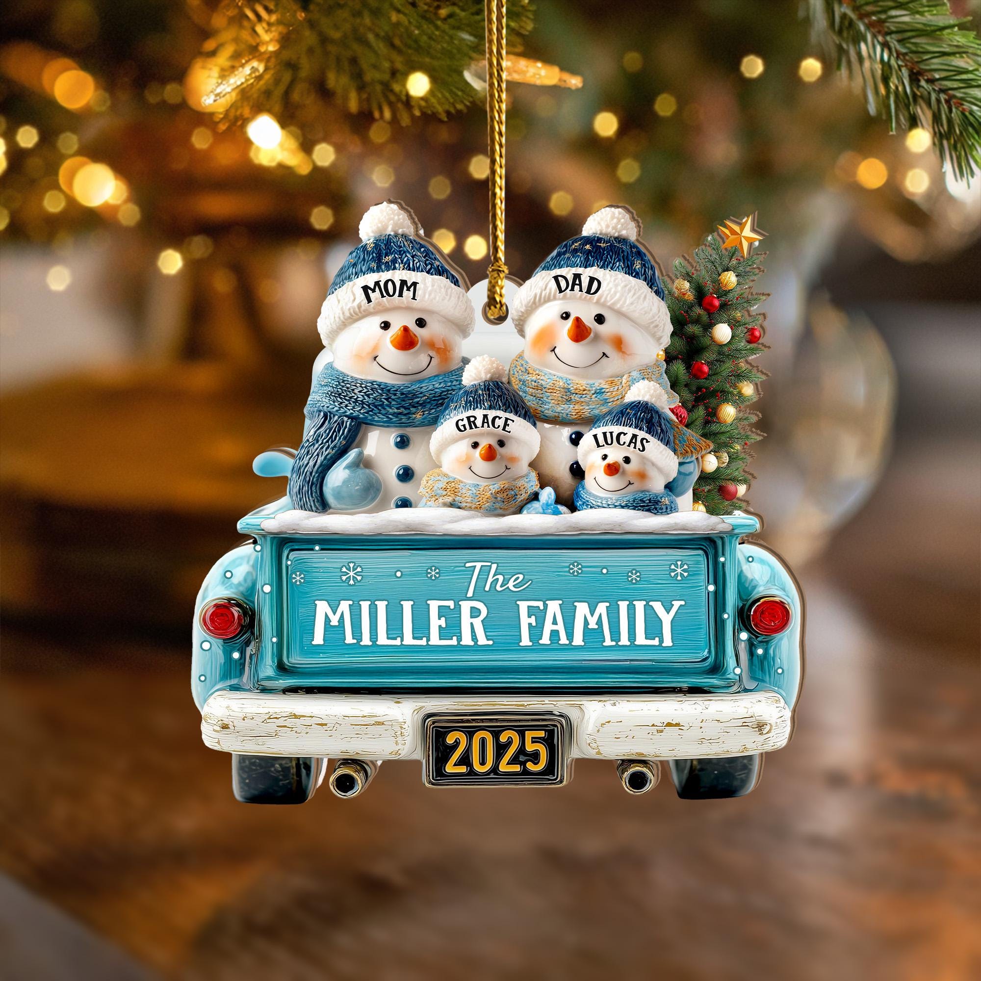 Personalized Snowman Family Ornament, Custom Family Of 3 4 5 6 Christmas Ornament, Red Truck Christmas Ornament, Christmas Tree Decor