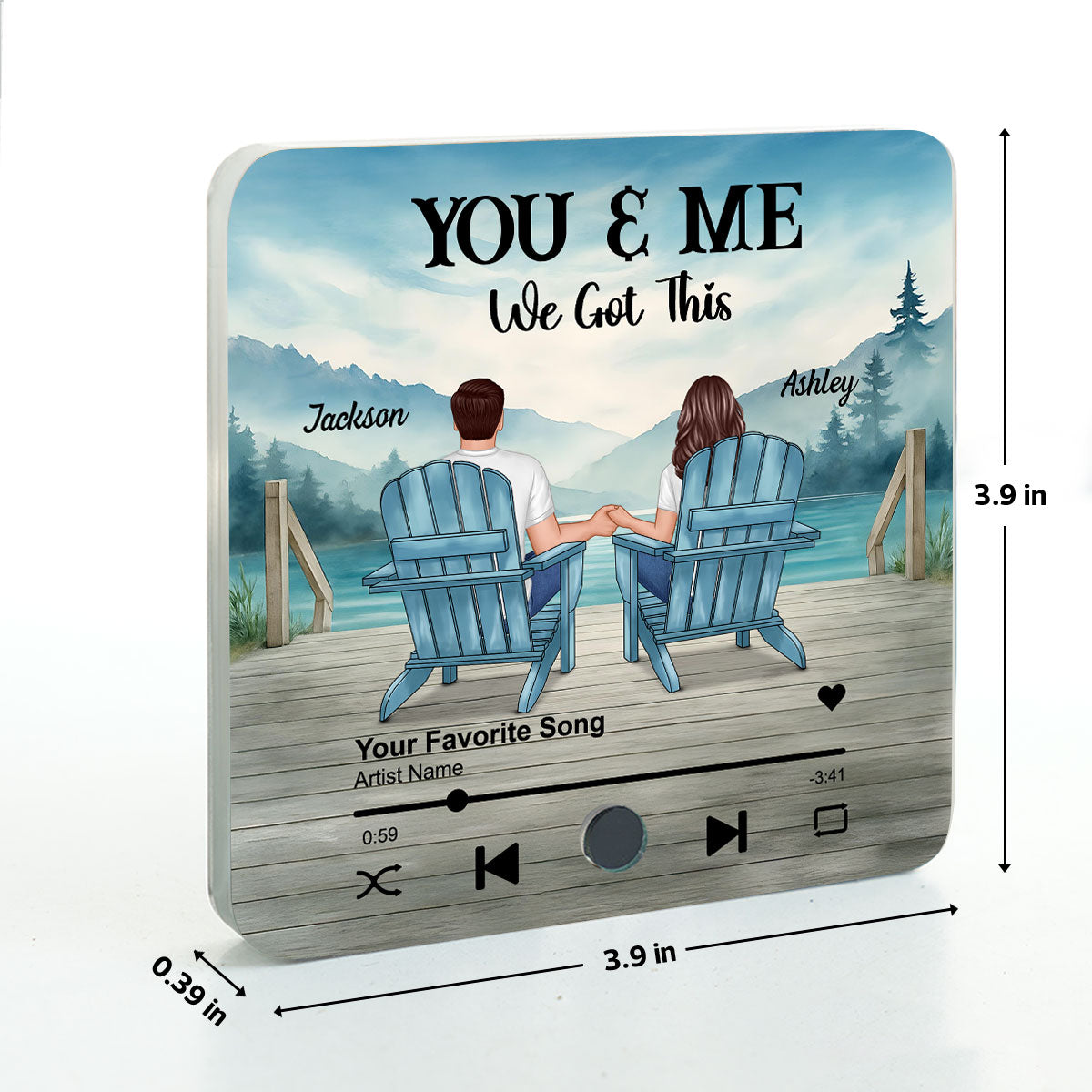 Lakeside Mountain Landscape Couple Back View Personalized Music Fridge Magnet, Anniversary Gift for Him for Her