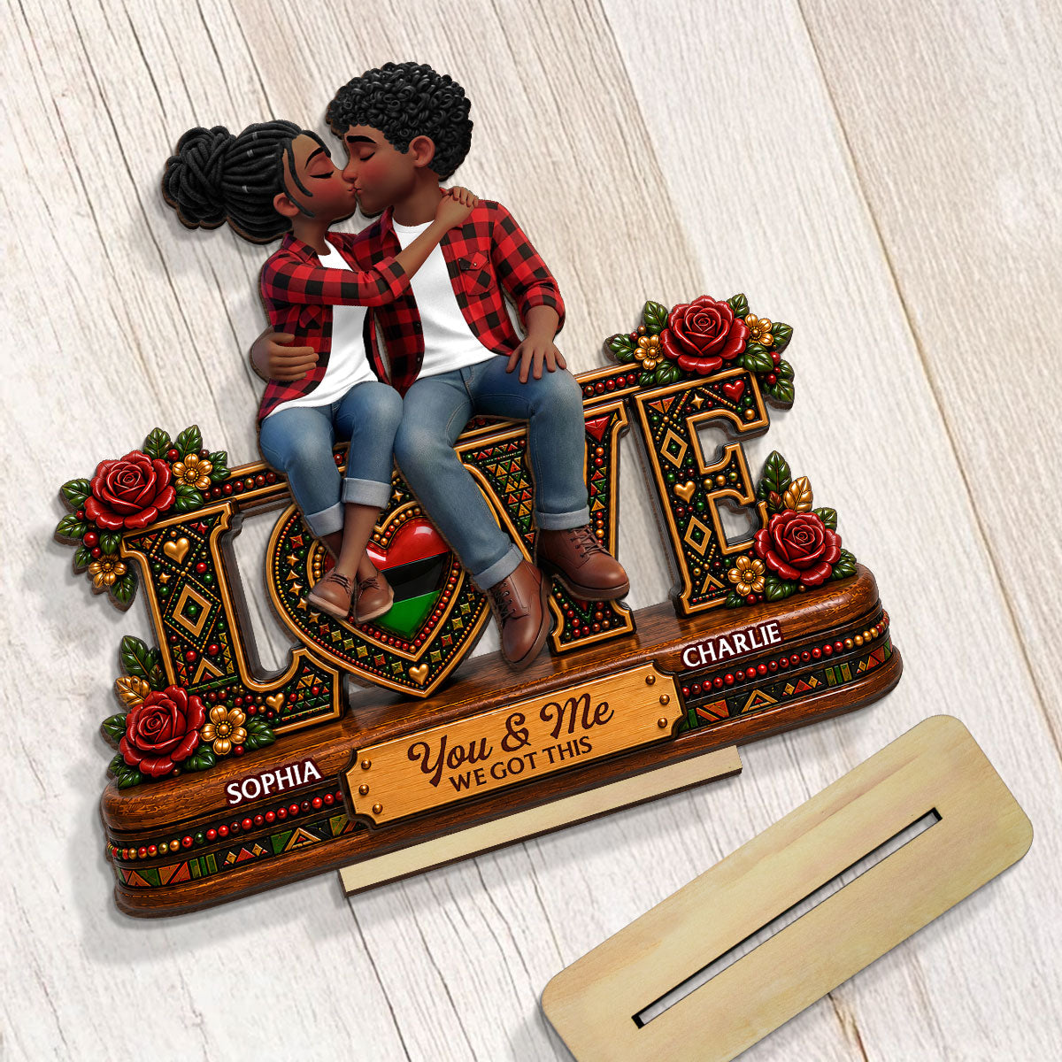 Tribal Pattern Eternal Love Couple Together - Personalized 2-Layered Wooden Plaque - Anniversary Gift For Couple