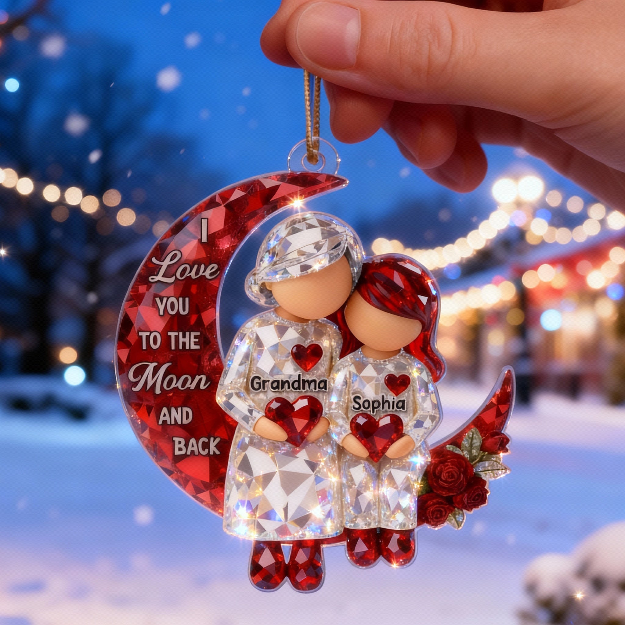 3D Crystal Effect Grandma Grandpa Grandkid Sitting on Moon  - Personalized Acrylic Ornament - Christmas Gift for Grandma, Grandkids
