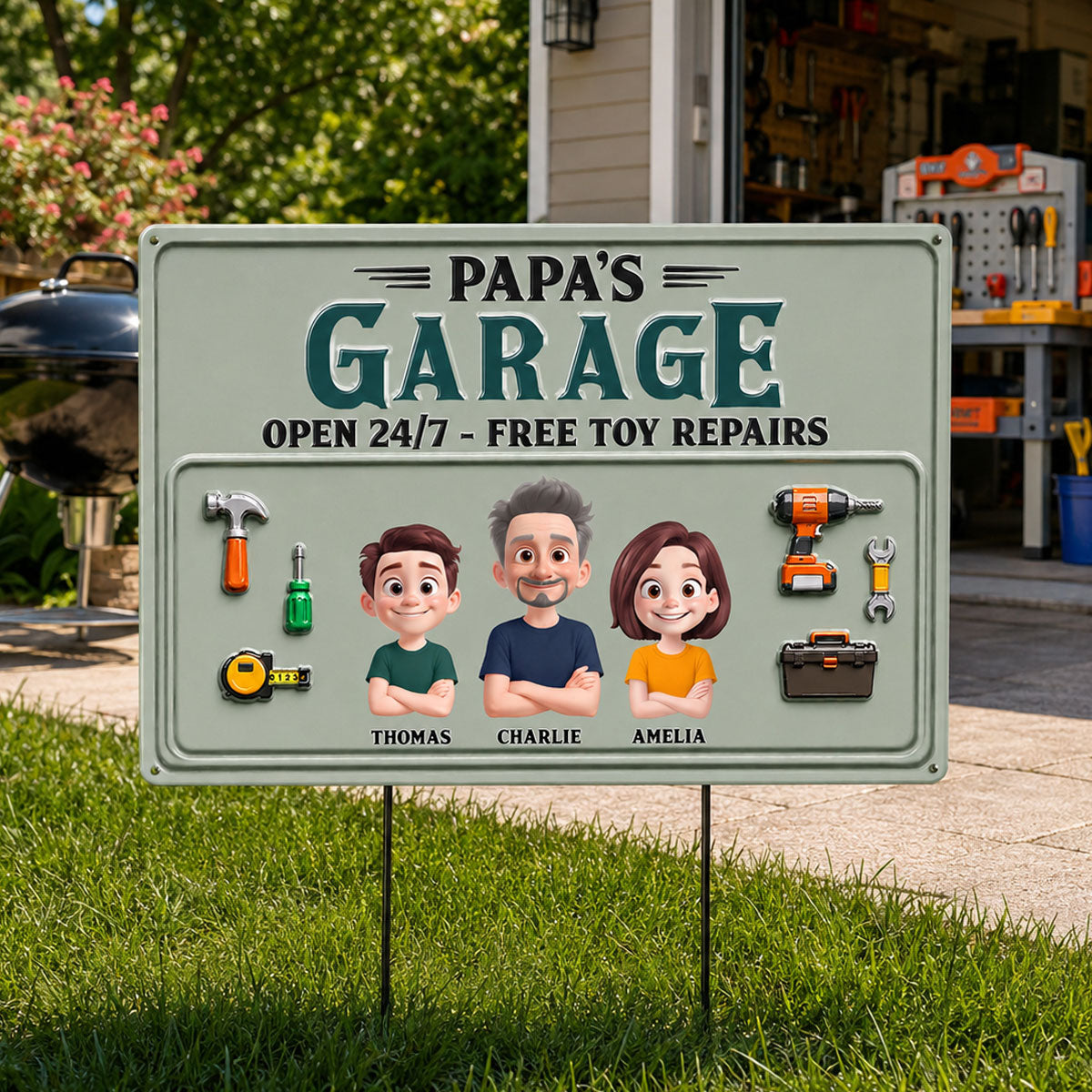 Dad's Garage Open 24/7 Free Toy Repairs - Personalized Metal Sign - Heartfelt Gift For Dad, Grandpa, Husband