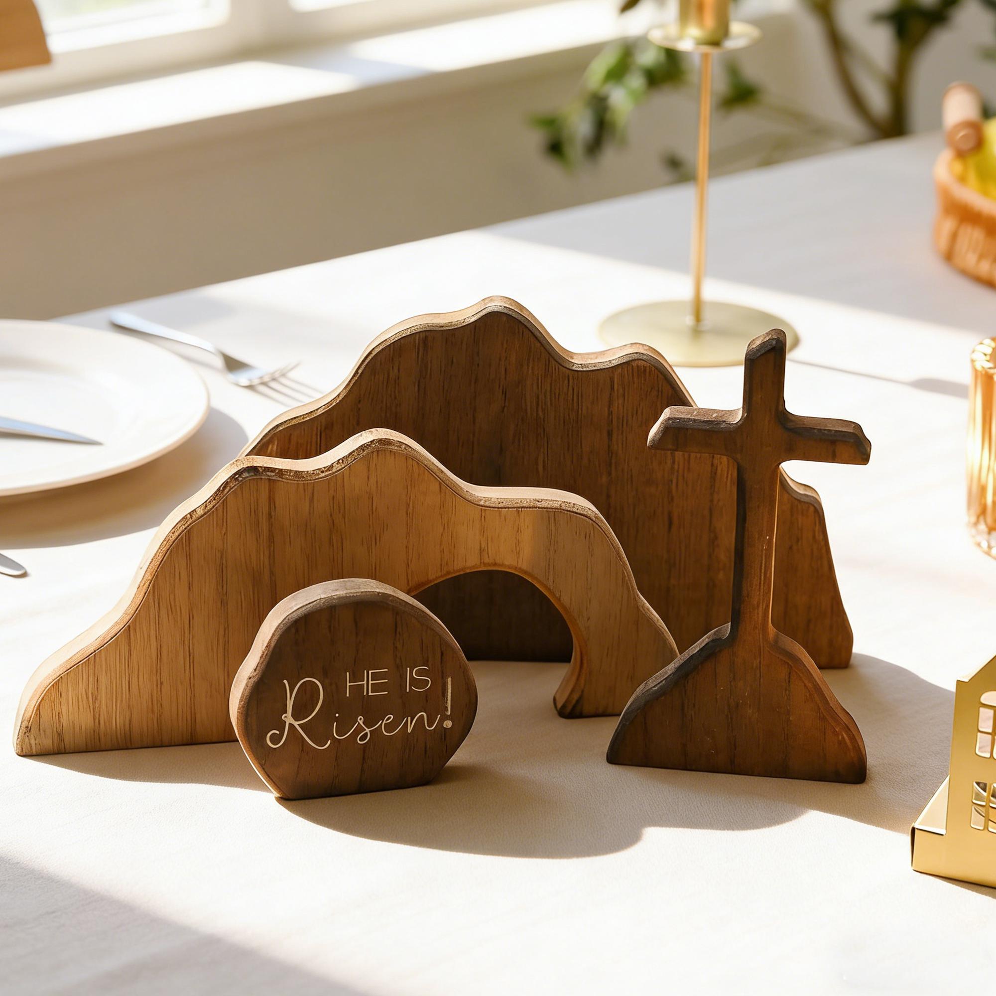 Easter Wooden Decoration Set – Empty Tomb & Cross Scene