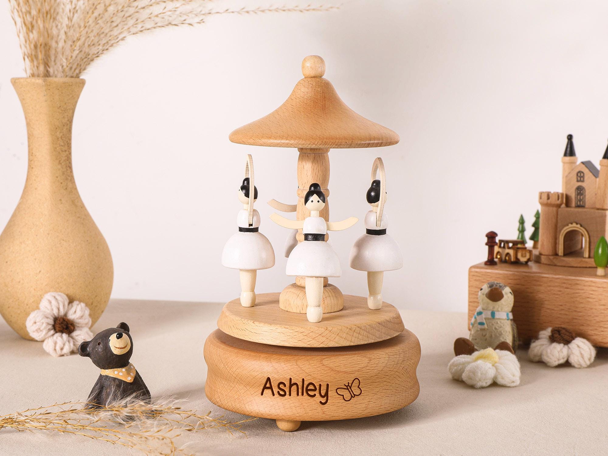 Musical Wooden Ballerina Carousel Keepsake,Engraved Name Music Box,Personalized Wooden MusicBox,Baby Shower Gift,Newborn Gift,Christmas gift