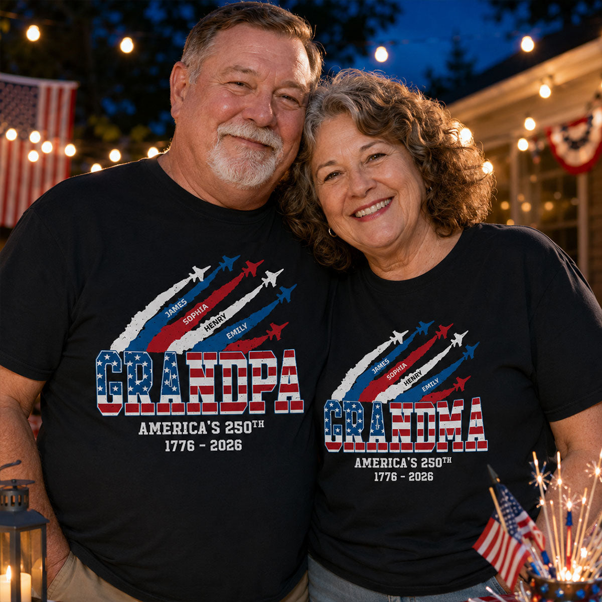 Proud Grandma Grandpa Nation Flag America 250th Anniversary - Personalized Set Of 2 Shirts - 250 Years Of Freedom Celebration, Matching Shirts
