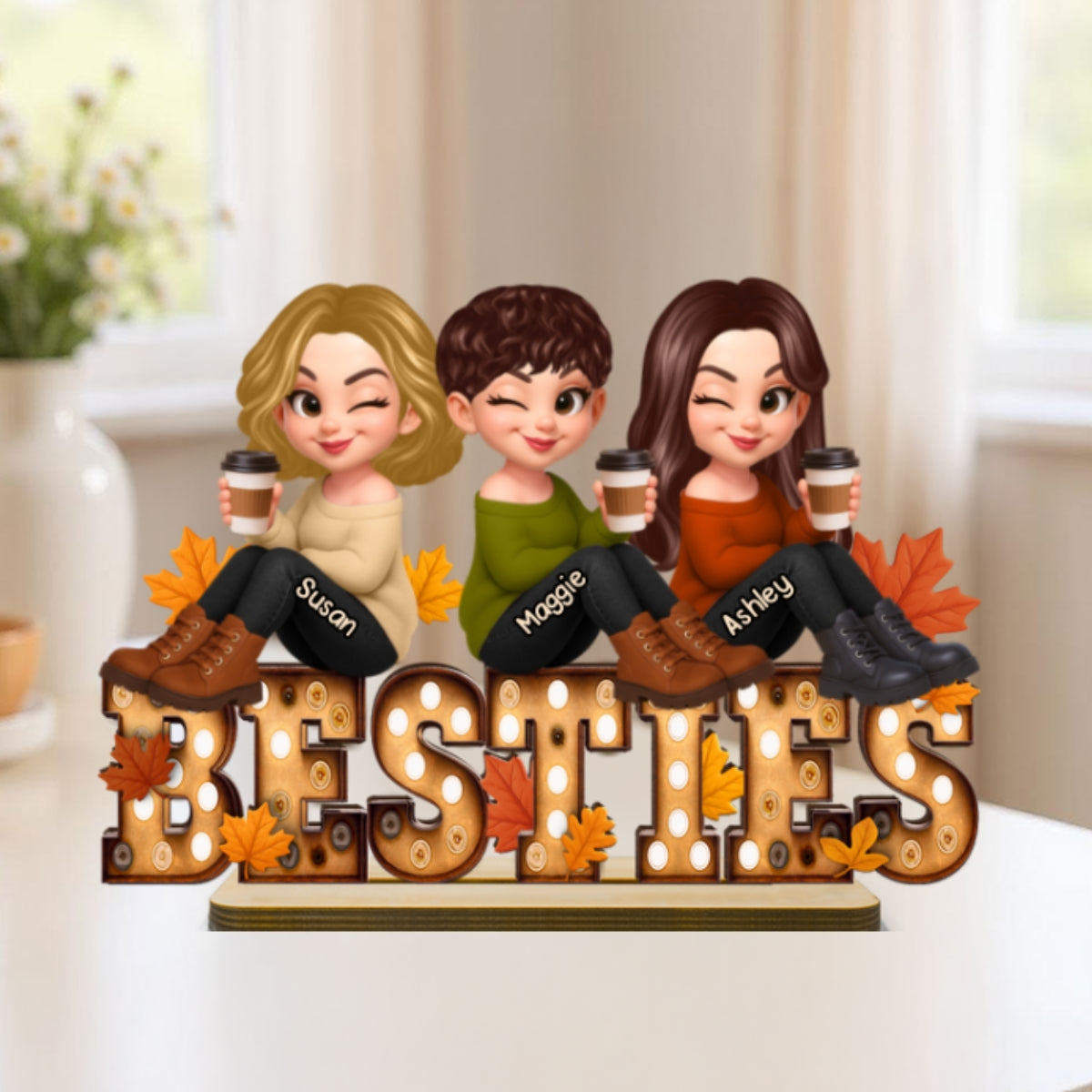 Fall Besties Sitting On Text Marquee Effect - Personalized 2-Layered Wooden Plaque - Meaningful Gift For Best Friend