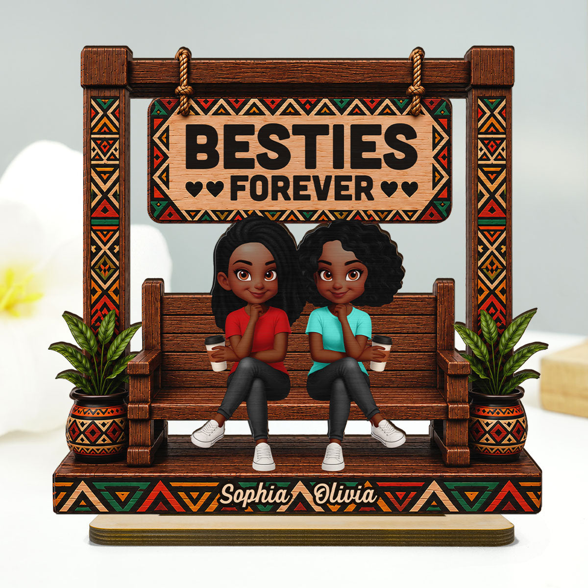 Tribal Patterns Besties Forever - Personalized 2-Layered Wooden Plaque - Birthday Gift, Gift For Best Friends