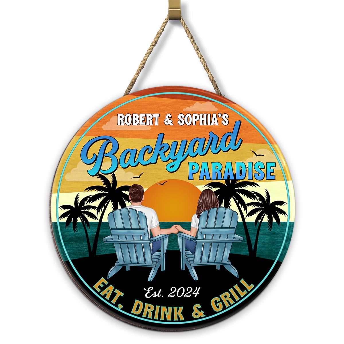 Vintage Backyard Paradise Couple Sitting Personalized Wood Sign, Housewarming, Birthday, Anniversary Gift for Him, Her