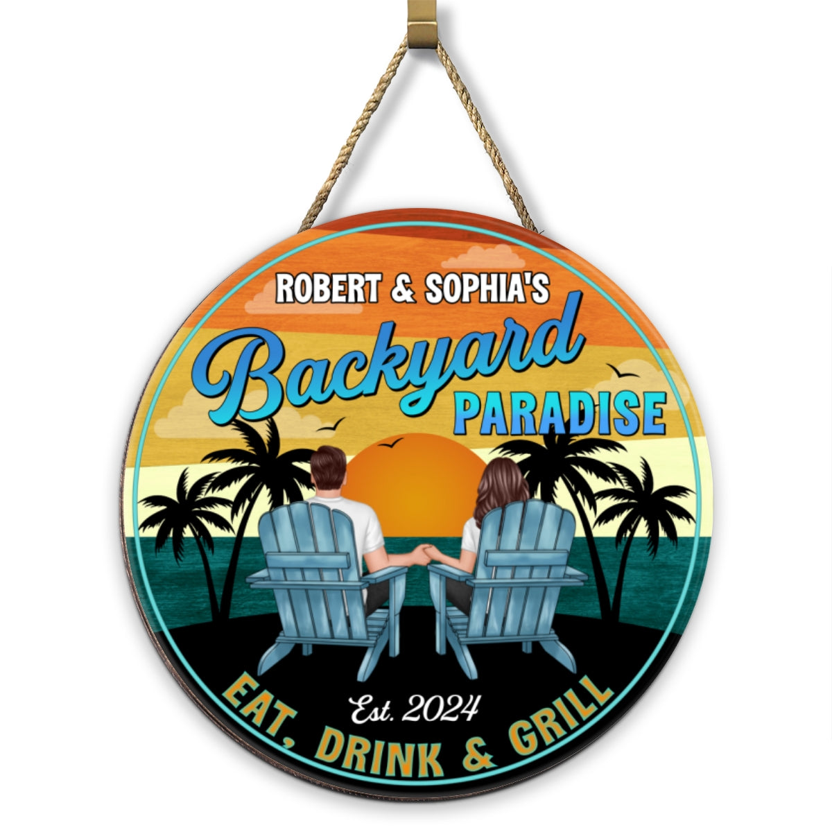 Vintage Backyard Paradise Couple Sitting Personalized Wood Sign, Housewarming, Birthday, Anniversary Gift for Him, Her