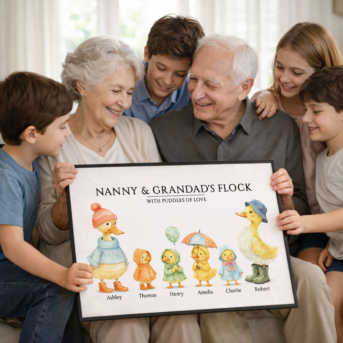 Nanny & Granddad's Flock with Puddles of Love - Personalised Poster - Gift for Grandparents