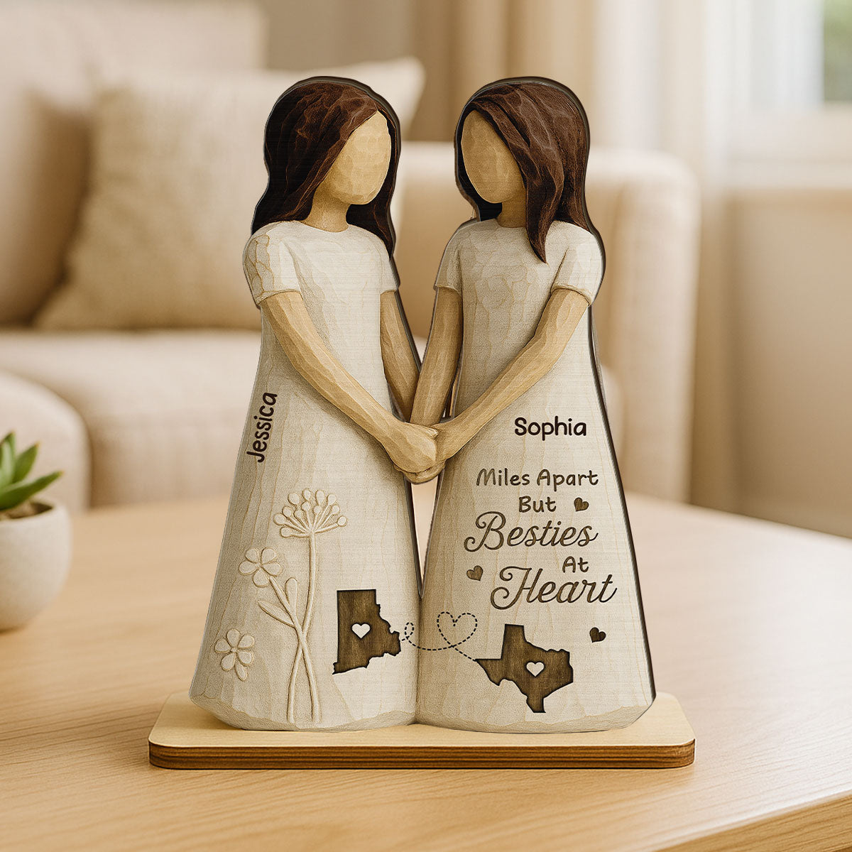 Miles Apart Besties At Heart 3D Effect Personalized Standing Wooden Plaque, Birthday Gift, Long Distance Friendship Gift for Best Friends