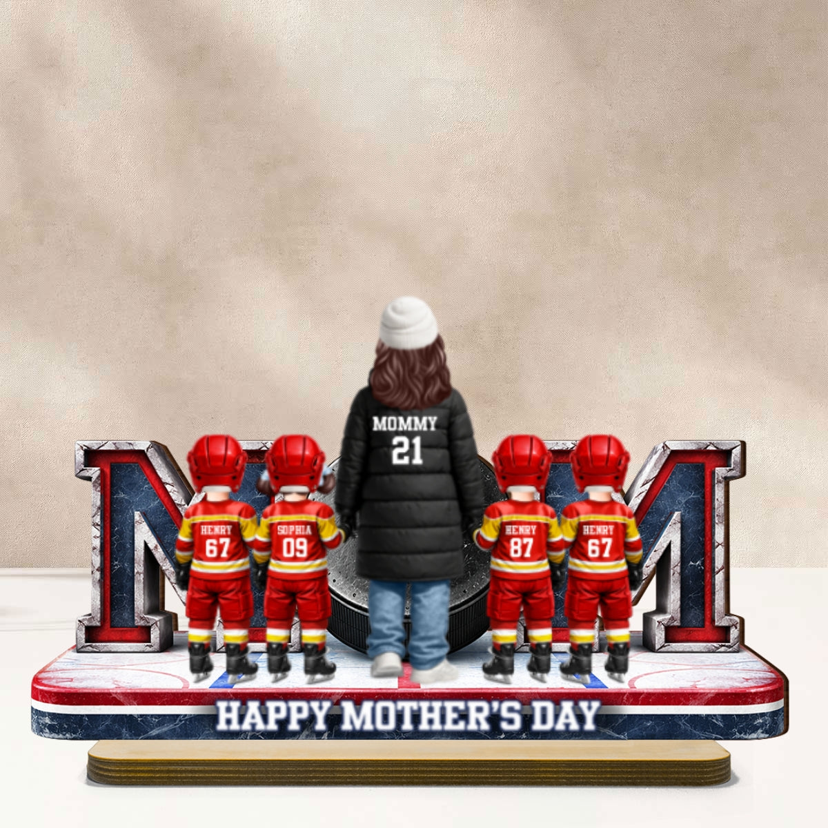 Hockey Mom And Kids Together - Personalized 2-Layered Wooden Plaque - Mother's Day Gift For Hockey Mom, Gift For Wife
