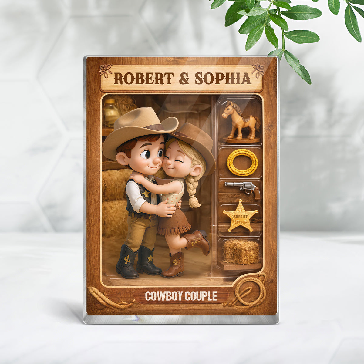 Countryside Couple Cowboy Cowgirl Action Figure - Personalized Acrylic Block Plaque - Anniversary, Valentine's Day Gift, Gift For Him, Gift For Her
