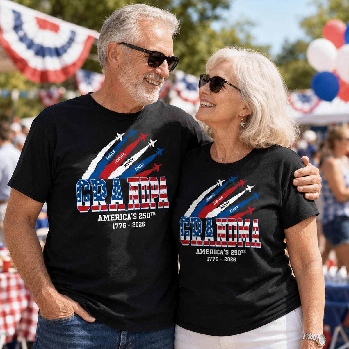 Proud Grandma Grandpa Nation Flag America 250th Anniversary - Personalized Set Of 2 Shirts - 250 Years Of Freedom Celebration, Matching Shirts
