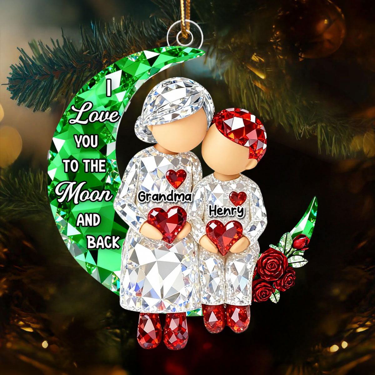 3D Crystal Effect Grandma Grandpa Grandkid Sitting on Moon  - Personalized Acrylic Ornament - Christmas Gift for Grandma, Grandkids