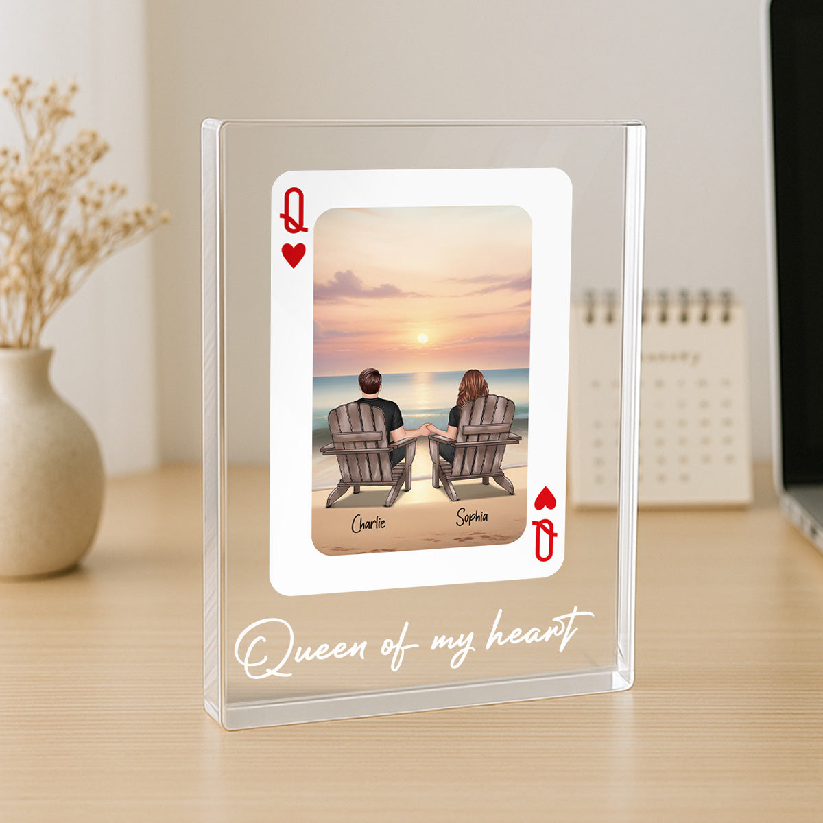 You're King/Queen Of My Heart Couple Sitting At Beach - Personalized Acrylic Block Plaque - Valentine's Day Gift, Anniversary Gift For Him, For Her
