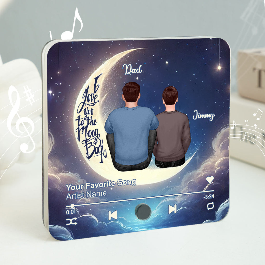 Papa Grandpa & Kids Sitting On Moon Personalized Music Fridge Magnet, Perfect 2025 Father's Day Gift For Husband, For Dad, For Grandpa
