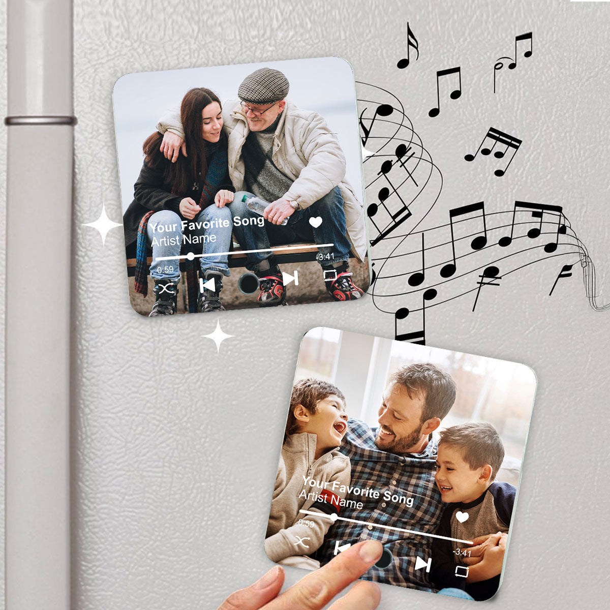 Dad And Kids Photo Custom Dad's Favorite Song Personalized Music Fridge Magnet, Play Full Song| Unique Gift For Dad