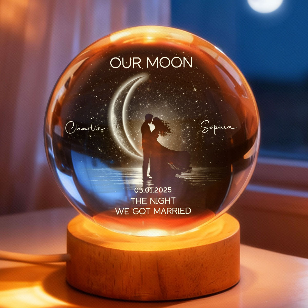 Couple Kissing Under the Moonlight, Custom Moon Phase by Date - Personalized Crystal Ball LED Night Light - Sentimental Gift for Her, for Him