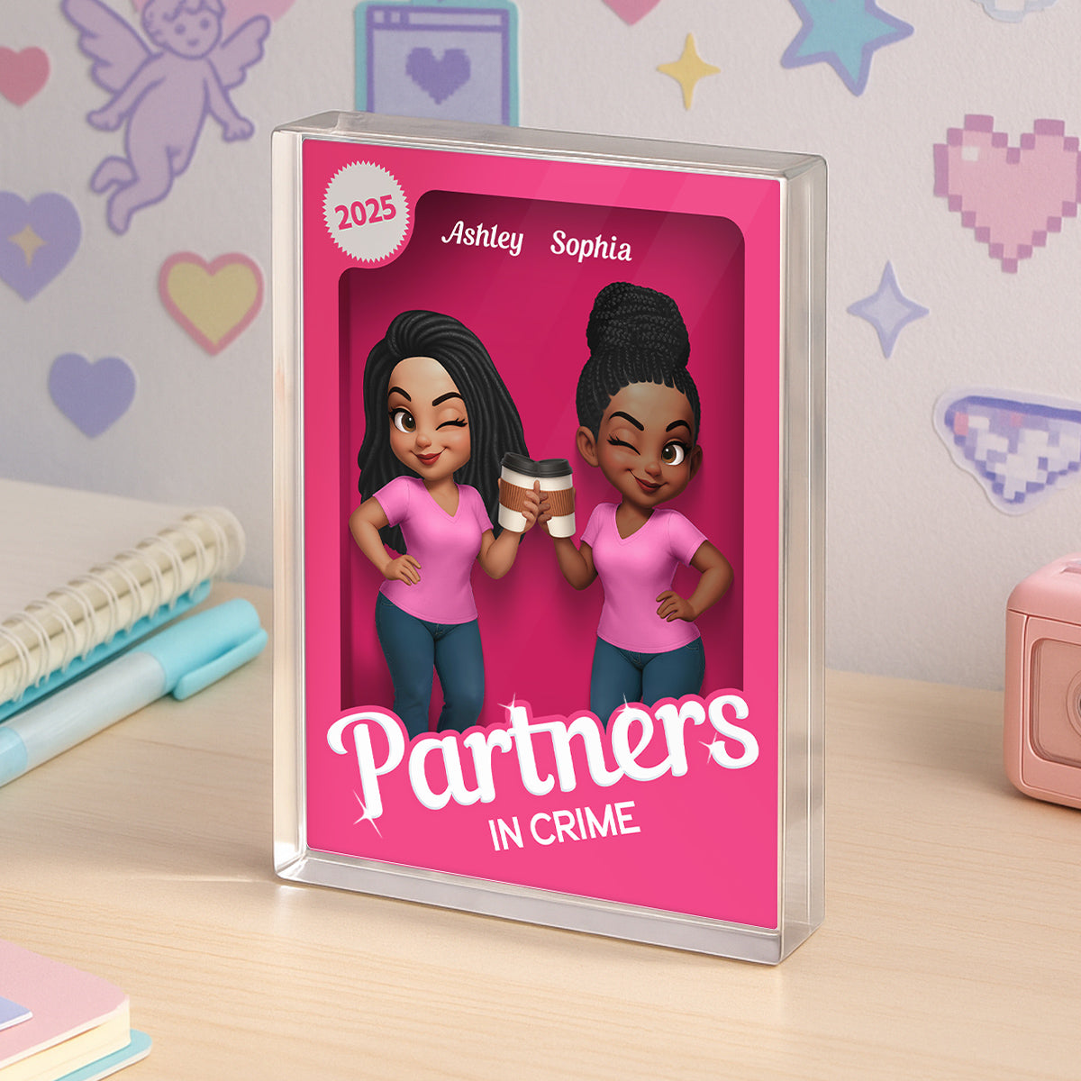 Besties Forever Pink Action Figure 3D Effect - Personalized Acrylic Block Plaque - Meaningful Gift For Best Friend