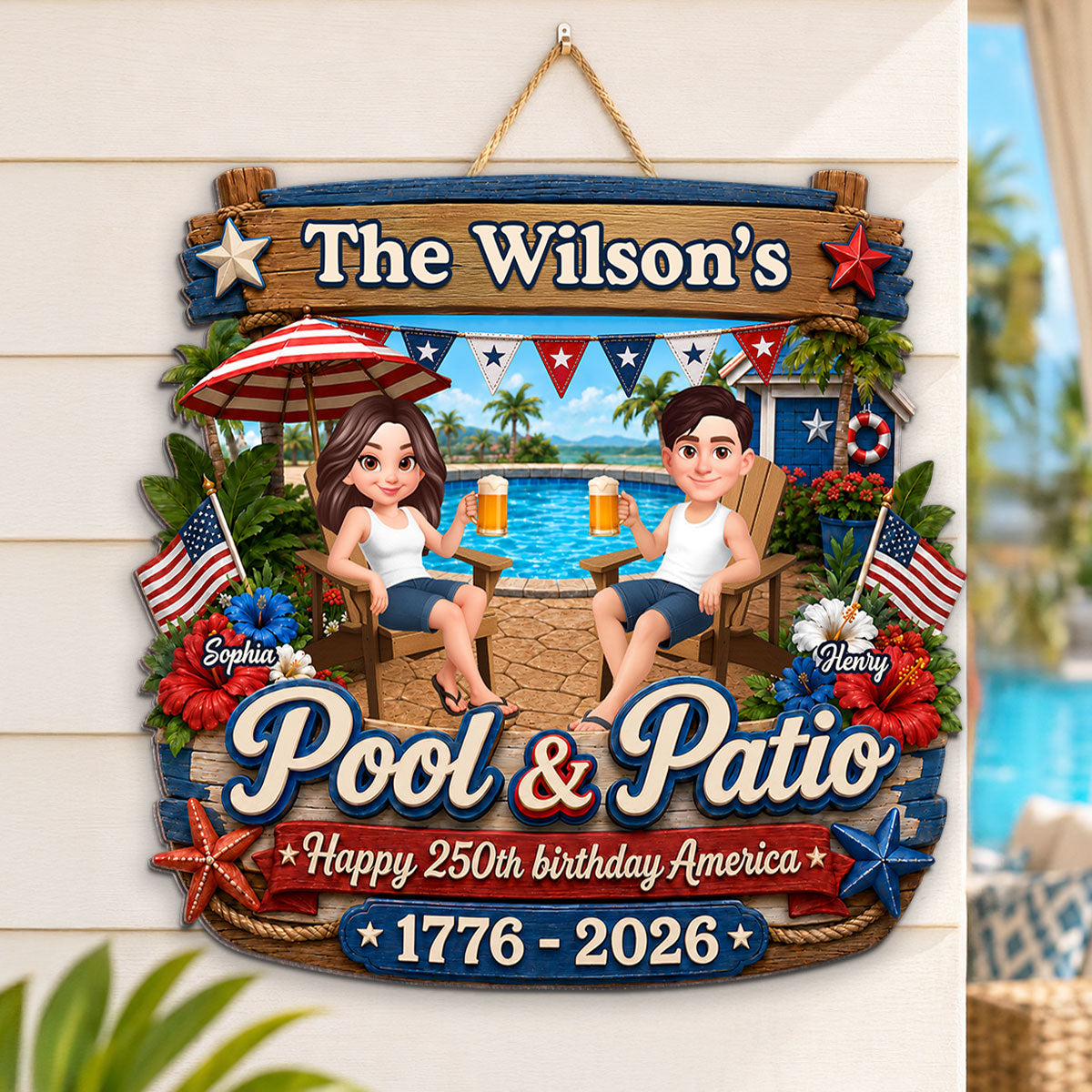 America 250th Anniversary Couple Pool & Patio - Personalized Wood Sign - Summer Pool Patio Decoration