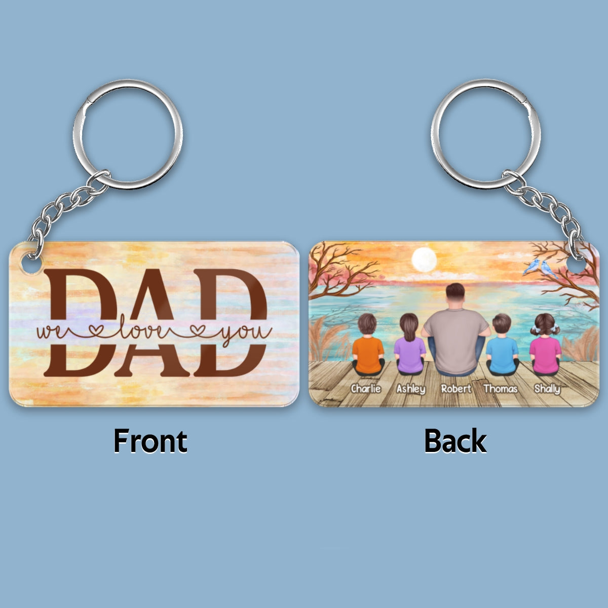 Lake View Best Dad Ever Back View Man Sitting With Kids Dogs Cats Personalized Acrylic Keychain
