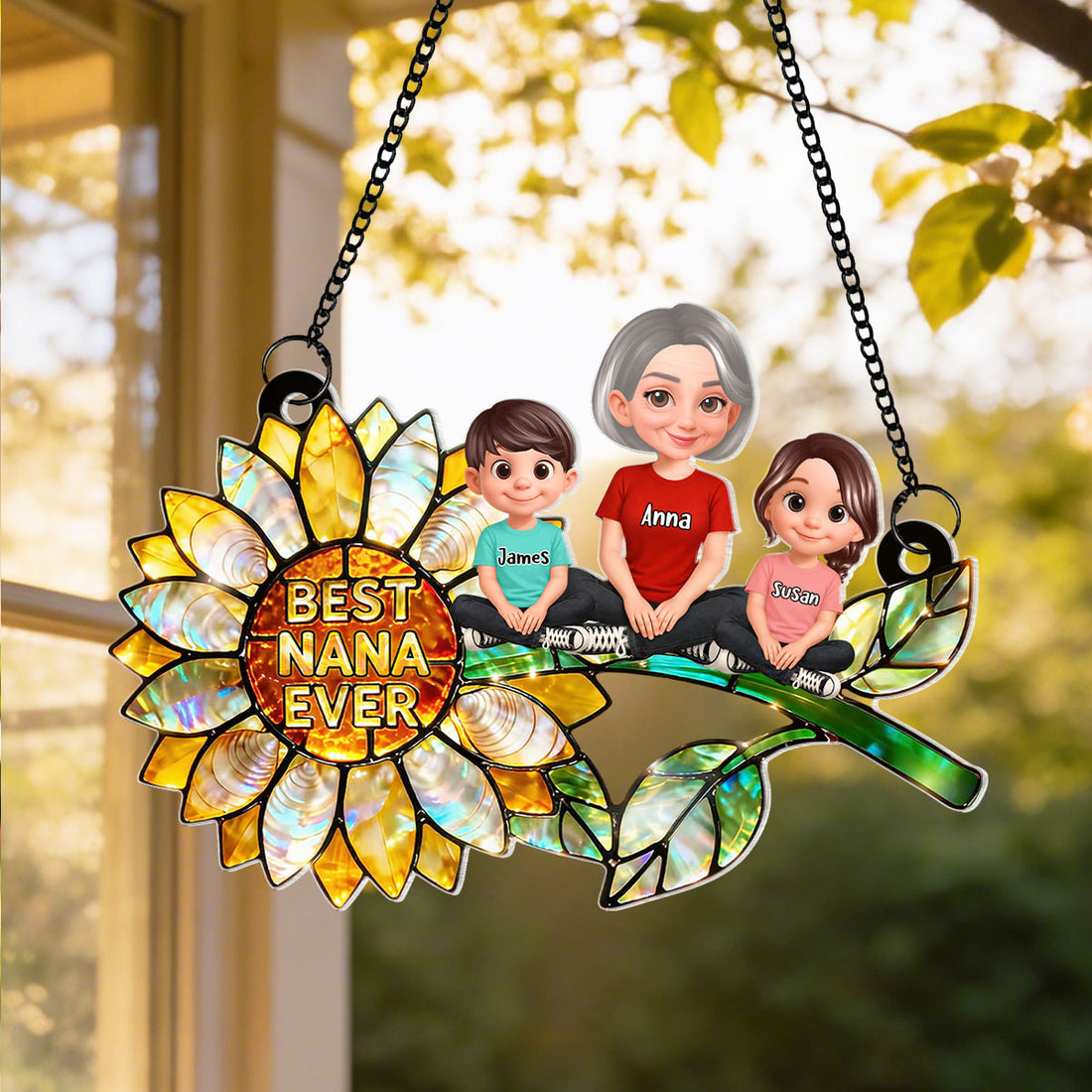 Sunflower Mom Grandma and Grandkids Sitting - Personalized Window Hanging Suncatcher - Mother's Day Gift for Mom, Wife
